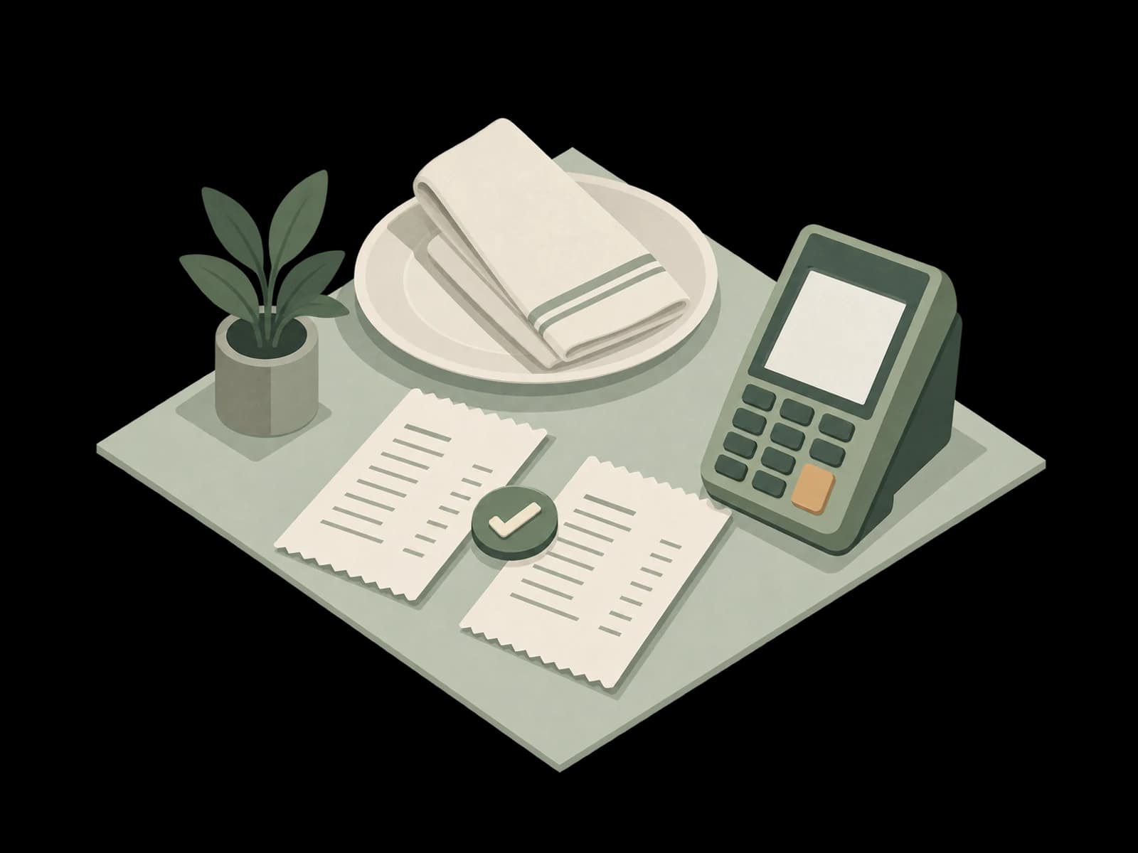 Two restaurant receipts joined by a check mark beside a payment terminal and a place setting.
