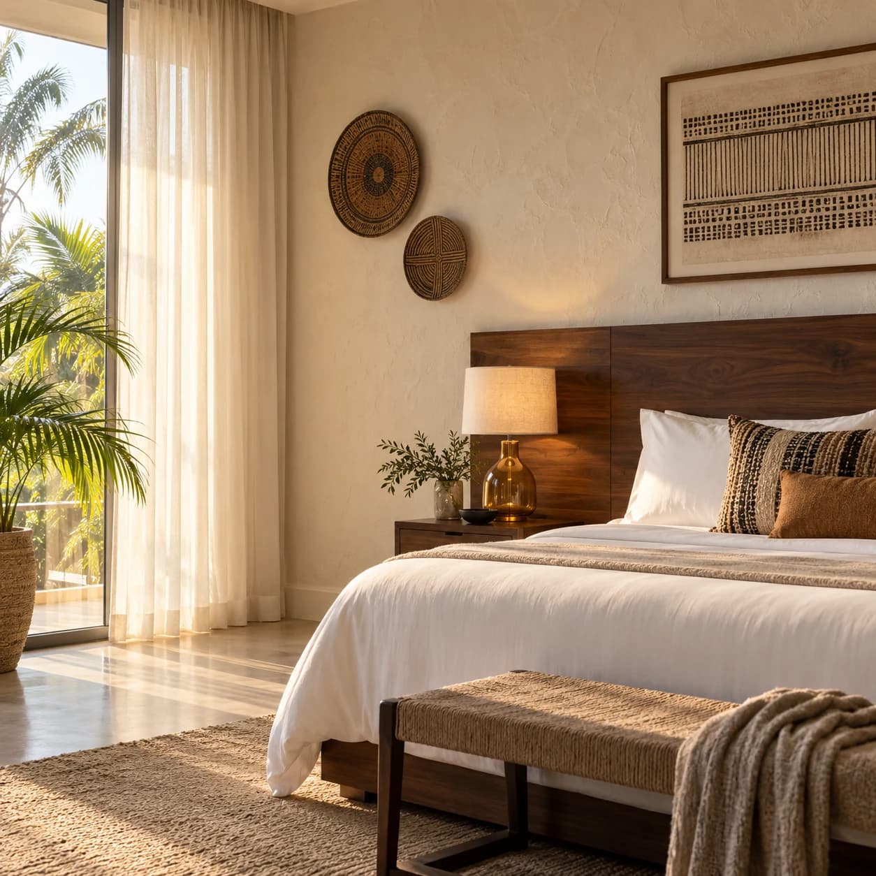 Sunlight falling across a warmly furnished boutique hotel room